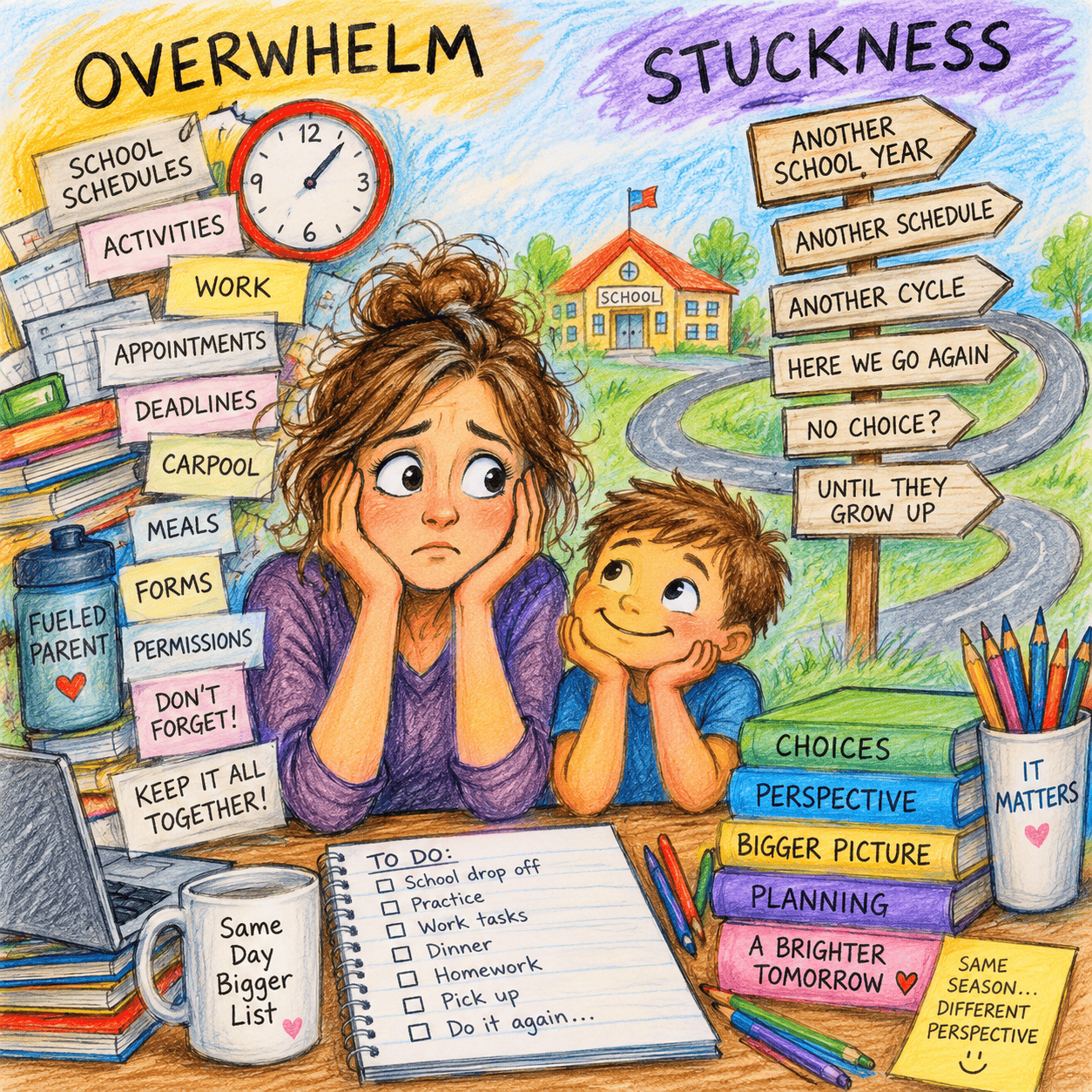 Mom and her son are feeling overwhelmed by thinking of all the school duties ahead of them