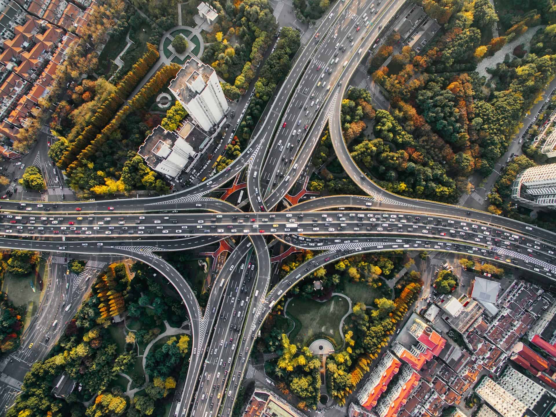 Cars driving in all directions on a multilevel crossroad